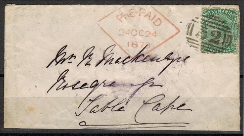 TASMANIA - 1873 2d rate cover to South Africa struck 