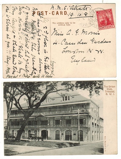 TRINIDAD AND TOBAGO - 1908 1d rate postcard use to UK used at CLAXTON BAY.