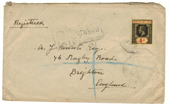 FIJI - 1919 4d rate registered cover to UK.