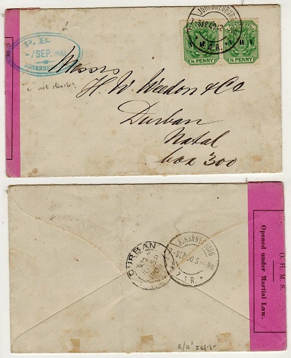 TRANSVAAL - 1900 1d rate censor cover to Natal with MISSING 