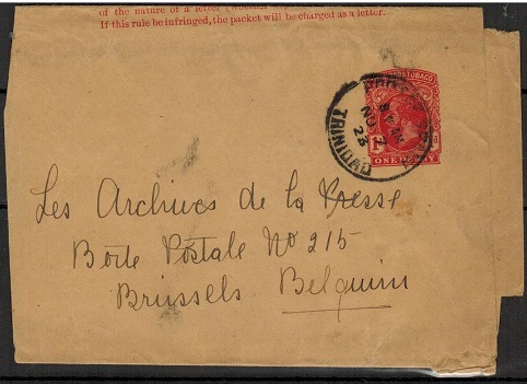TRINIDAD AND TOBAGO - 1915 1d carmine postal stationery wrapper used to Belgium.  H&G 2.