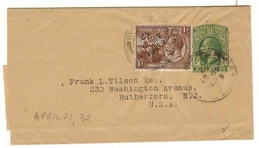 TRINIDAD AND TOBAGO - 1915 1/2d green postal stationery wrapper uprated to USA.  H&G 1.