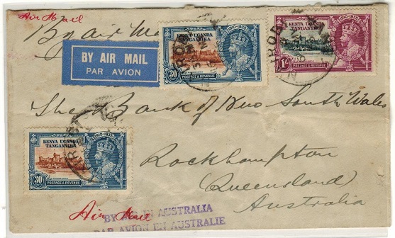 K.U.T. - 1935 1/- 60c rate cover used at NAIROBI struck BY AIR IN AUSTRALIA.
