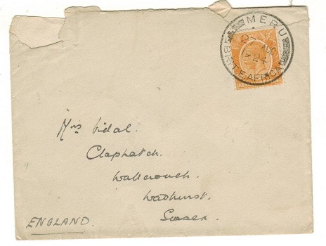 K.U.T. - 1924 20c rate cover to UK (roughly opened) used at MERU/BRIT.E.AFRICA.