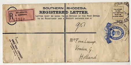 SOUTHERN RHODESIA - 1924 4d ultramarine RPSE (size H2) to Holland.  H&G 1a.