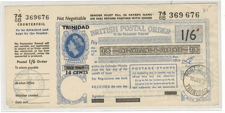 TRINIDAD AND TOBAGO - 1972 1/6d POSTAL ORDER issued at PORT OF SPAIN/TRINIDAD.