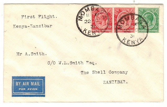 K.U.T. - 1931 first flight cover to Zanzibar.