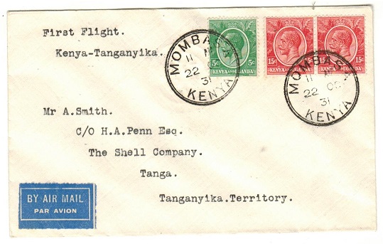 K.U.T. - 1931 first flight cover to Tanganyika. 
