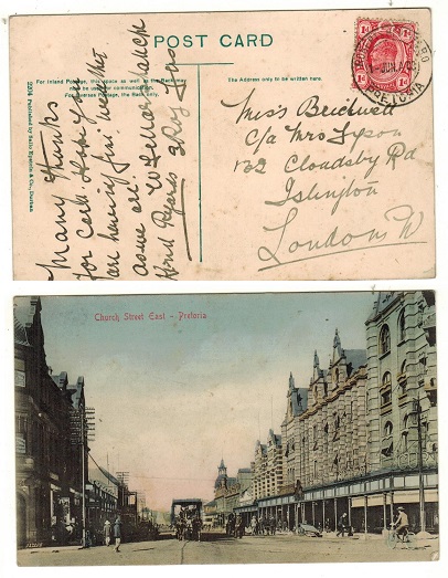 TRANSVAAL - 1908 1d rate postcard use to UK used at ROBERTS HEIGHTS BO.