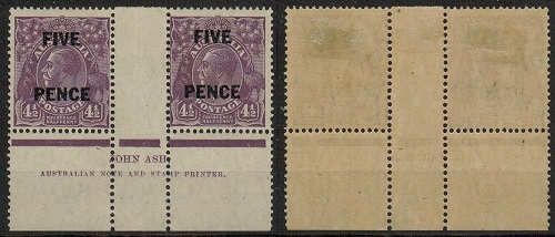 AUSTRALIA - 1930 5d on 4 1/2d violet JOHN ASH mint imprint pair.  SG 120.