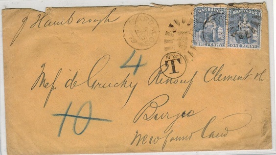 BARBADOS - 1879 2d rate cover to Newfoundland taxed on-route in New York.