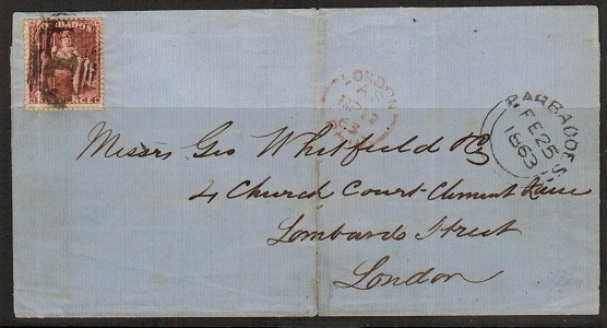 BARBADOS - 1863 6d rate outer wrapper to UK cancelled by 