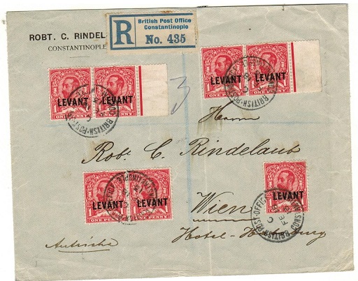 BRITISH LEVANT - 1913 6 1/2d rate registered cover to Austria used at CONSTANTINOPLE.
