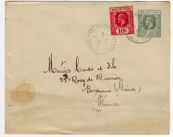 MAURITIUS - 1925 5c grey PSE uprated to France. H&G 41.