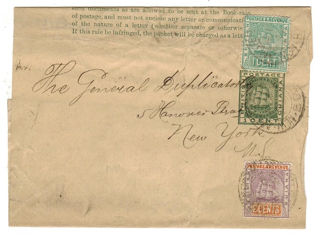 BRITISH GUIANA - 1884 1c green stationery wrapper uprated to USA.  H&G 1.