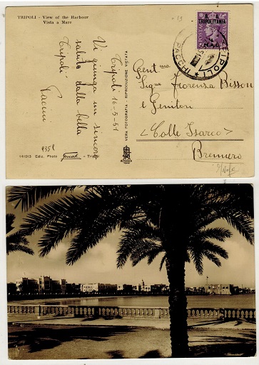 B.O.F.I.C. (Tripolitania) - 1951 6m rate postcard to Italy used at TRIPOLI.