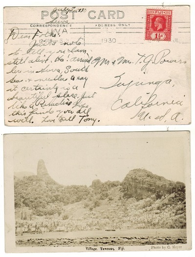FIJI - 1930 1 1/2d rate postcard to USA.
