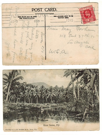 FIJI - 1910 1d rate postcard to USA.