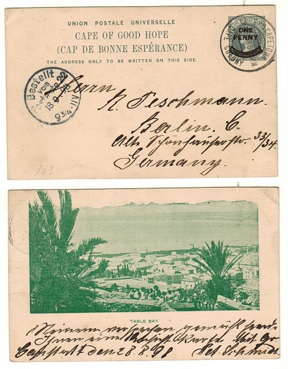 CAPE OF GOOD HOPE - 1897 1d on 1 1/2d grey PSC to Germany with 