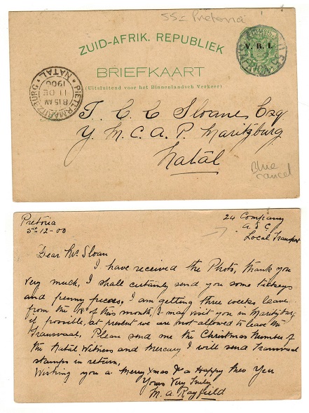TRANSVAAL - 1896 1/2d green PSC to Natal used at ARMY P.O.55.  H&G 9.