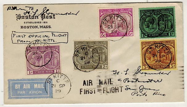 ST.KITTS - 1929 first flight cover to Porto Rico.