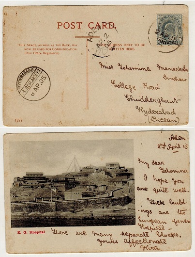 ADEN - 1905 3ps rate postcard use to Hyderabad.
