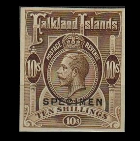 FALKLAND ISLANDS - 1912 10/- IMPERFORATE PLATE PROOF printed in brown overprinted SPECIMEN.