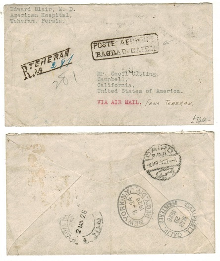 IRAQ - 1926 stampless cover from Iran to USA struck by BAGDAD-CAIRO air strike.