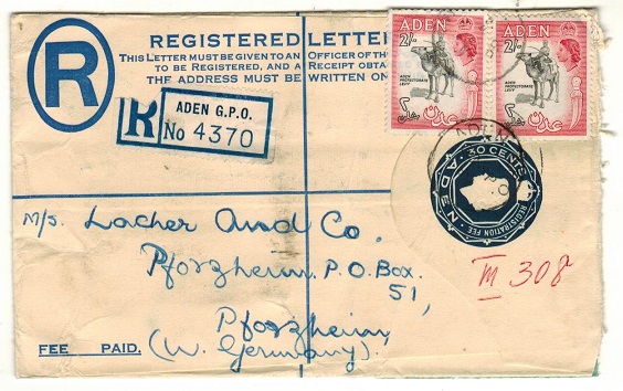 ADEN - 1953 30c dark blue RPSE (size G) uprated to Germany.  H&G 3.