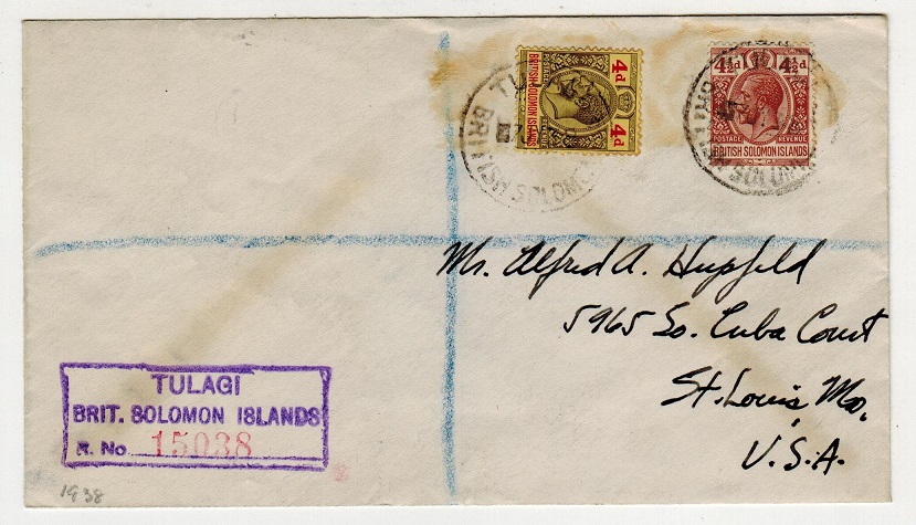 SOLOMON ISLANDS - 1938 8 1/2d rate registered cover to USA used at TULAGI.