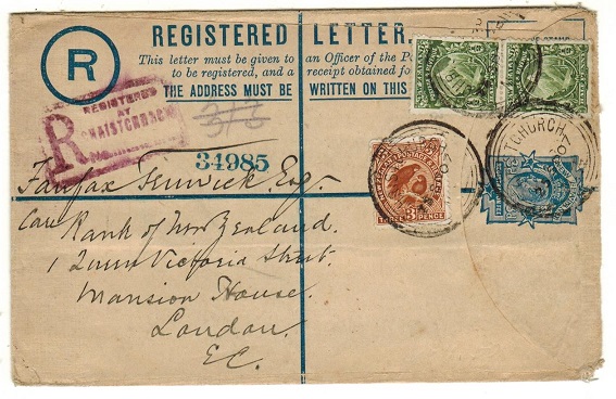 NEW ZEALAND - 1903 3d dark blue RPSE uprated to UK used at CHRISTCHURCH.  H&G 3.