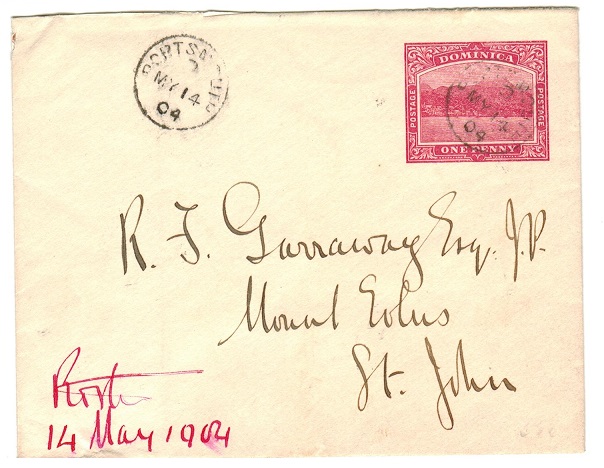 DOMINICA - 1903 1d carmine PSE addressed to Antigua used at PORTSMOUTH.  H&G 1.