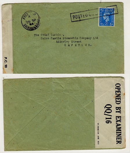 SIERRA LEONE - 1942 2 1/2d rate (GB adhesive) censored maritime cover to Capetown.