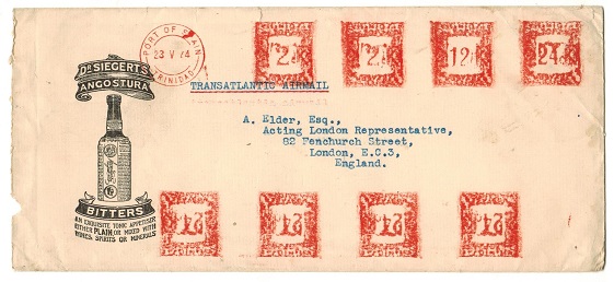 TRINIDAD AND TOBAGO - 1944 $1.36c rate censored illustrated meter mark cover to UK.