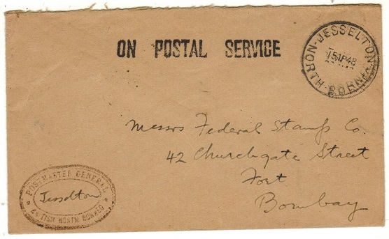 NORTH BORNEO - 1948 use of stampless ON POSTAL SERVICE envelope to India used at JESSELTON.