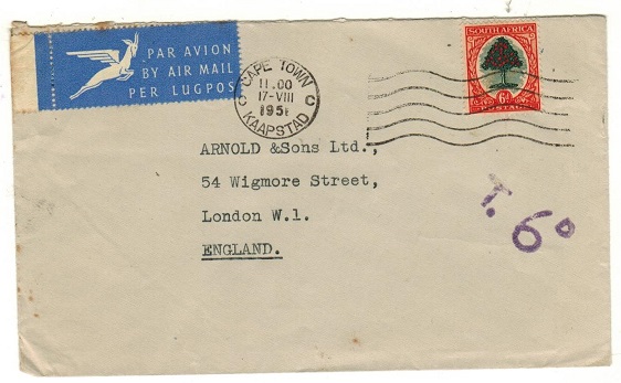 SOUTH AFRICA - 1951 6d underpaid cover to UK with 