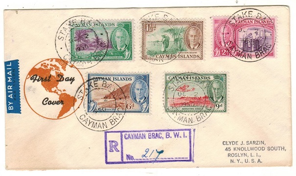CAYMAN ISLANDS - 1950 registered illustrated FDC to UK used at STAKE BAY.