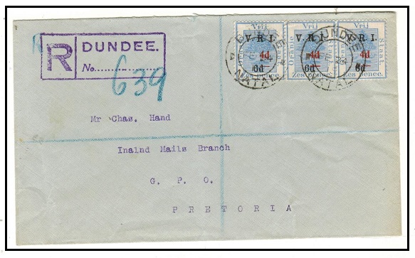 SOUTH AFRICA - 1915 4d on 6d/6d ORC surcharge strip of three on registered cover used at DUNDEE.