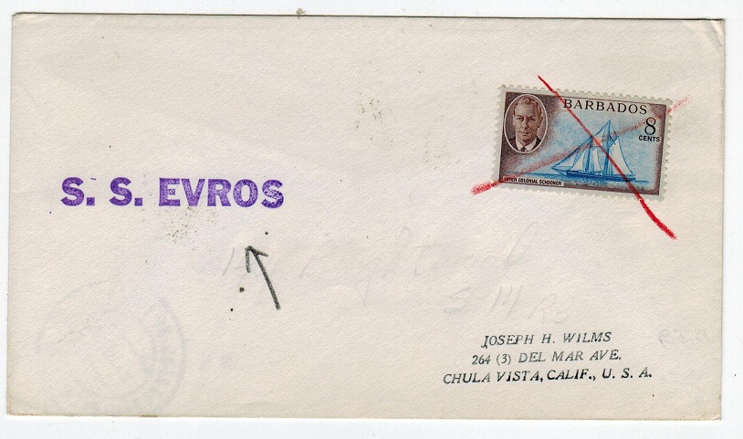 BARBADOS - 1953 S.S.EVROS masritime cover.