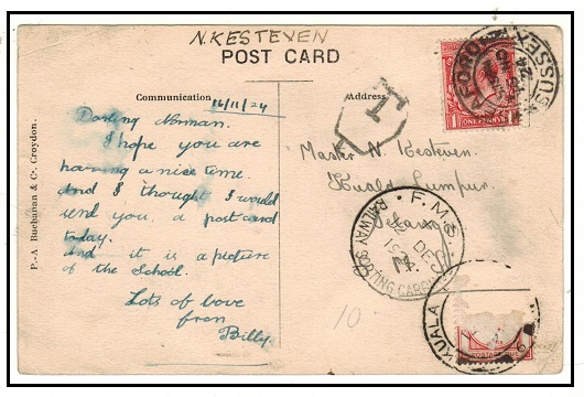 MALAYA - 1924 inward underpaid postcard with FMS/RAILWAY SORTING CARRIAGE cds.