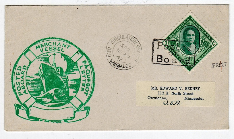 BARBADOS - 1947 POSTED ON BOARD maritime cover.