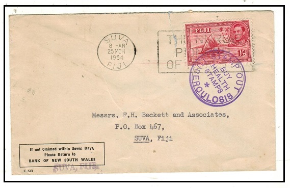FIJI - 1954 1/2d rate local cover with scarce 