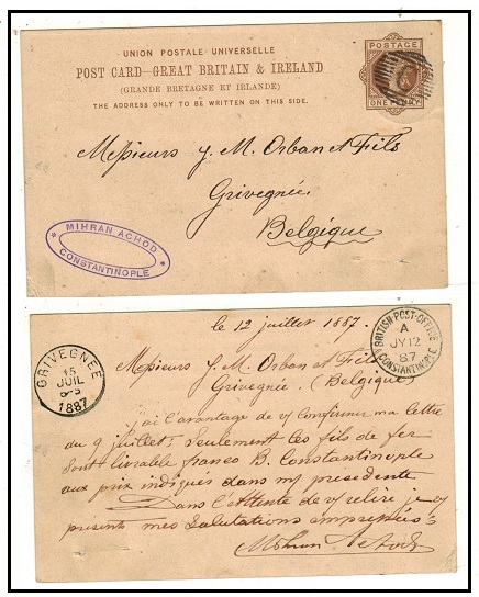 BRITISH LEVANT - 1883 1d brown PSC of GB to Belgium cancelled by 
