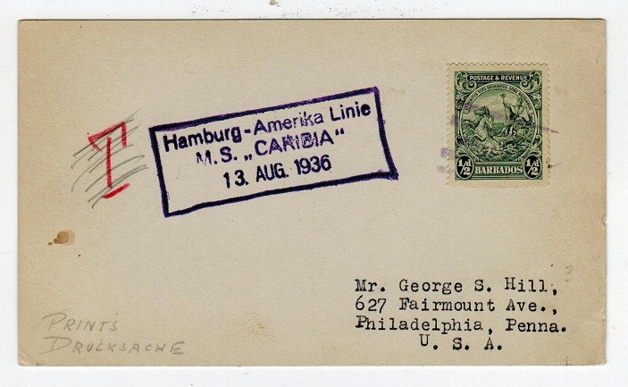 BARBADOS - 1936 card to USA mailed on M.S.CARIBIA.