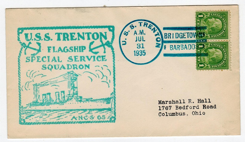 BARBADOS - 1935 illustrated U.S.S.TRENTON maritime cover.