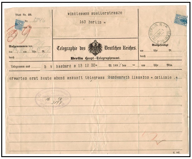TANGANYIKA - 1894 inward TELEGRAM form from Berlin to Tanganyika Mission.