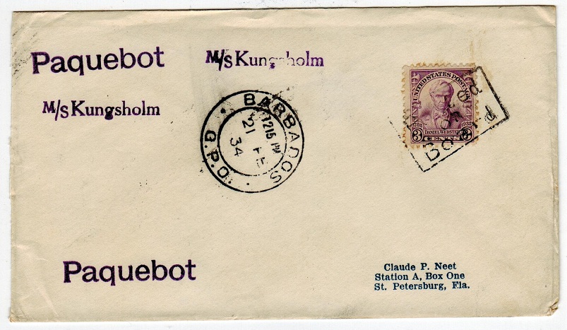 BARBADOS - 1934 M.S.KUNGSHOLM maritime cover.