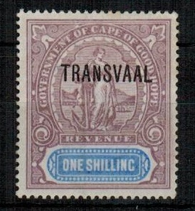 TRANSVAAL - 1902 1/- lilac and blue REVENUE adhesive mint.  Barefoot 80.