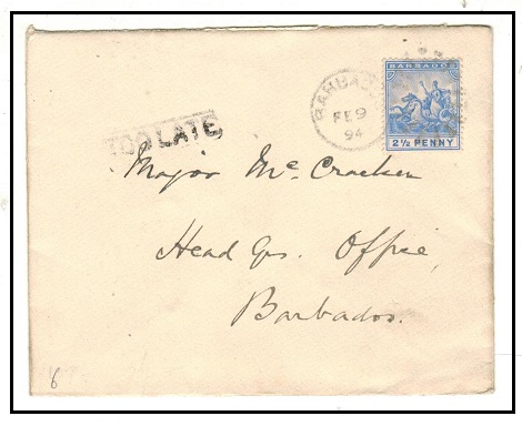 BARBADOS - 1894 2 1/2d rate local cover struck TOO LATE.
