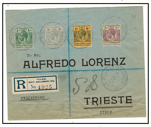 SOLOMON ISLANDS - 1924 multi franked registered cover to Italy used at TULAGI.